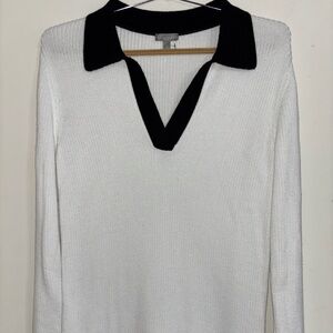 NWOT TALBOTS Fisherman Knit Sweater Women medium White Varsity V Neck Preppy TOP